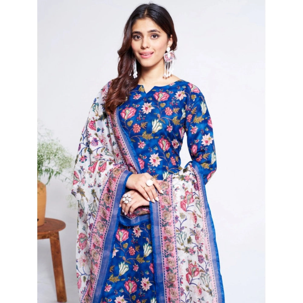 Women's Cotton Blend Printed Kurti With Pant Dupatta Set (Blue)