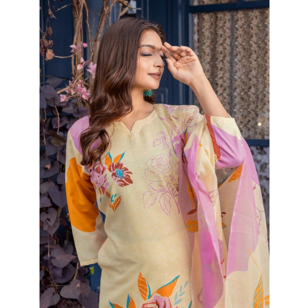 Women's Cotton Blend Printed Kurti With Pant Dupatta Set (Cream)