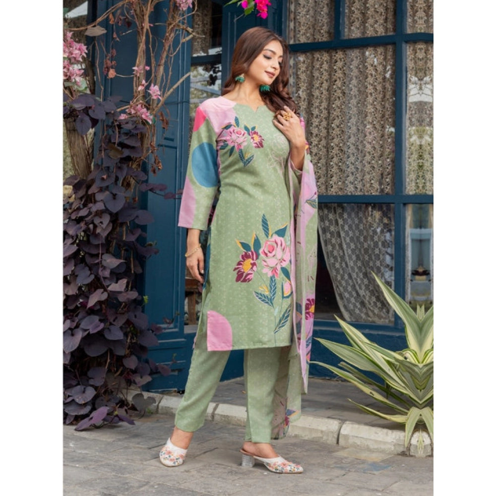 Women's Cotton Blend Printed Kurti With Pant Dupatta Set (Mehendi)