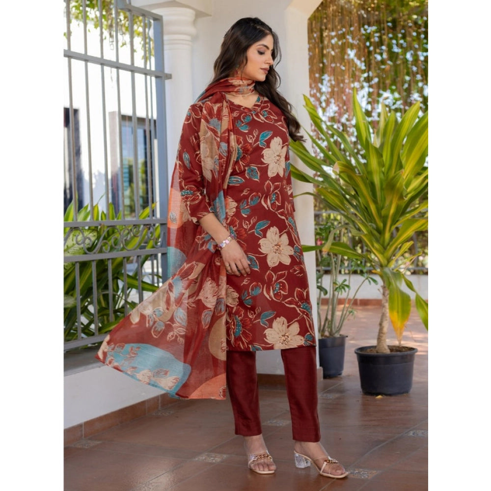 Women's Cotton Blend Printed Kurti With Pant Dupatta Set (Rust)