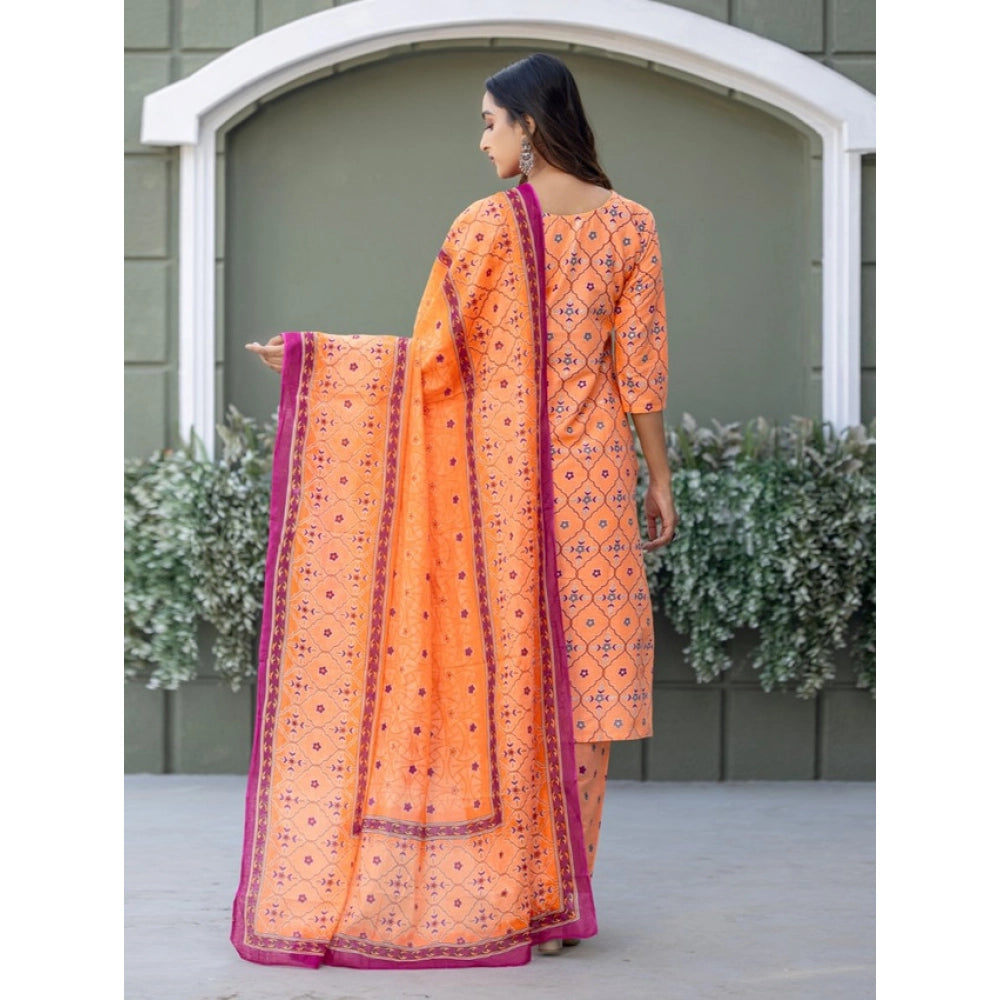 Women's Cotton Blend Printed Kurti With Pant Dupatta Set (Coral)