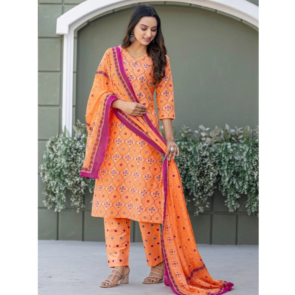 Women's Cotton Blend Printed Kurti With Pant Dupatta Set (Coral)