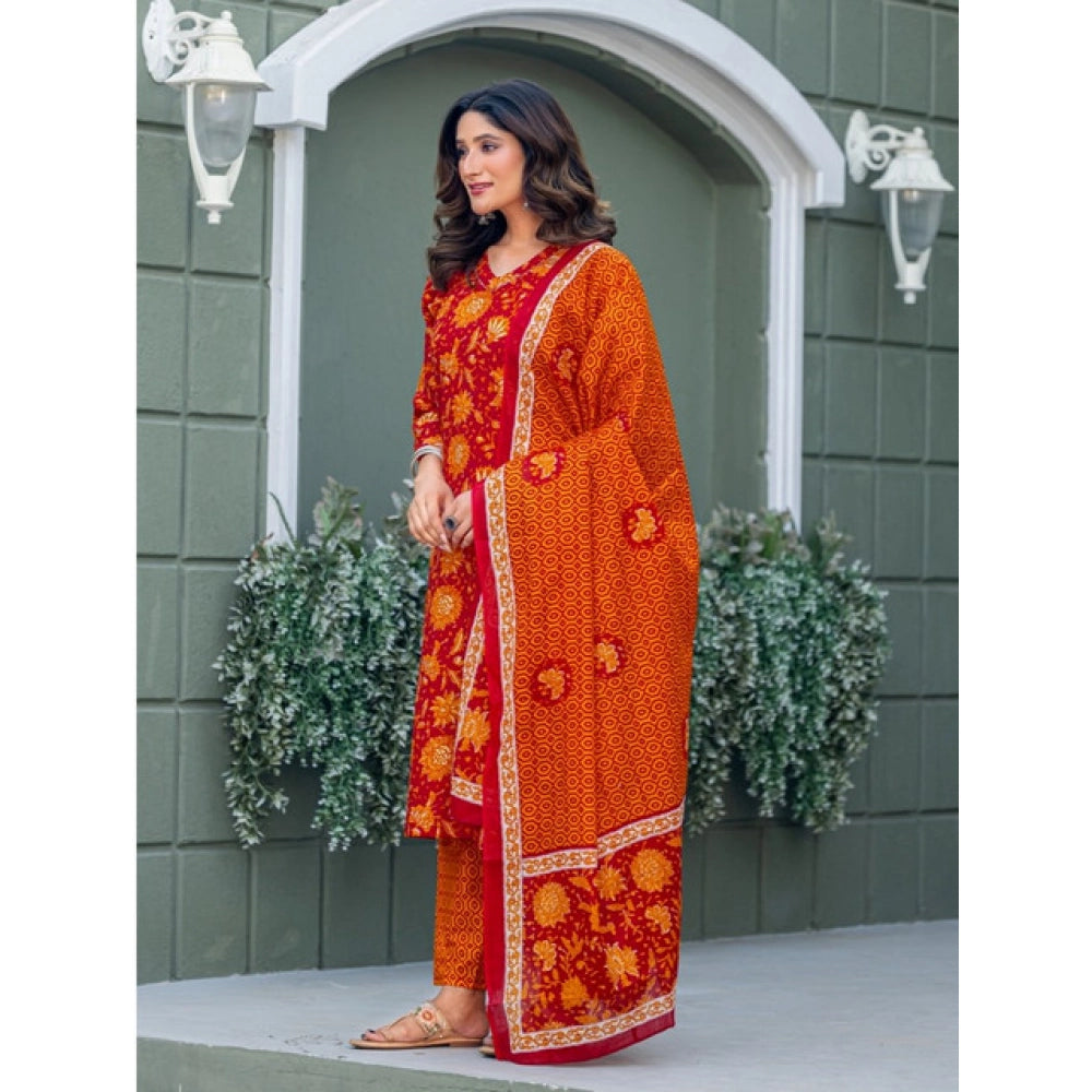 Women's Cotton Blend Printed Kurti With Pant Dupatta Set (Maroon)