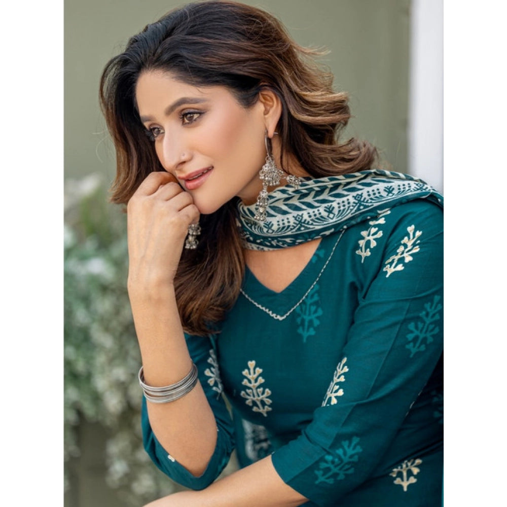 Women's Cotton Blend Printed Kurti With Pant Dupatta Set (Morpichh)