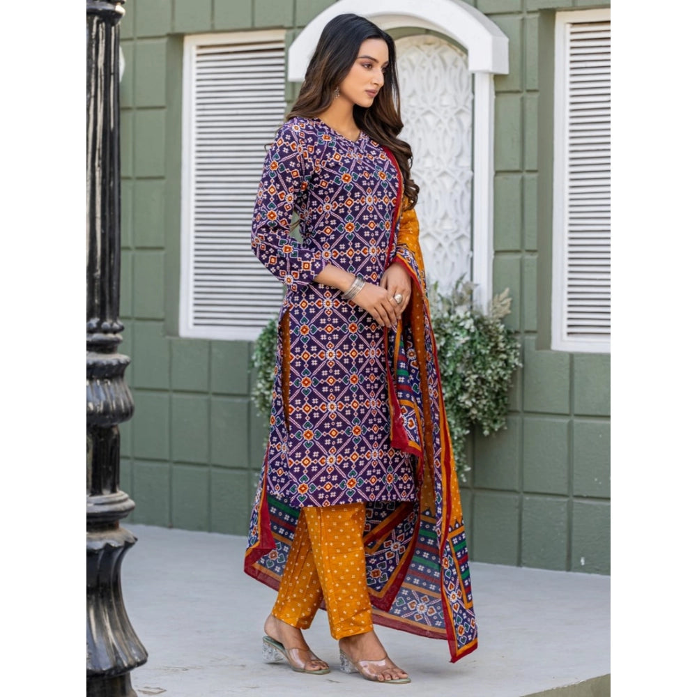 Women's Cotton Blend Printed Kurti With Pant Dupatta Set (Navy Blue)