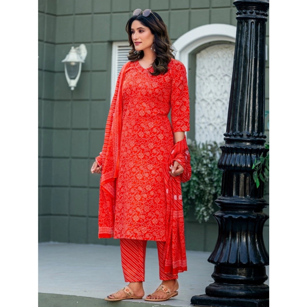 Women's Cotton Blend Printed Kurti With Pant Dupatta Set (Orange)