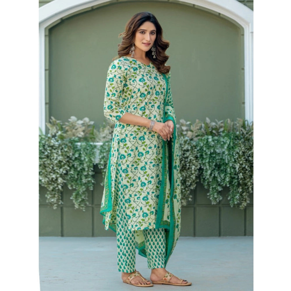 Women's Cotton Blend Printed Kurti With Pant Dupatta Set (Pista)