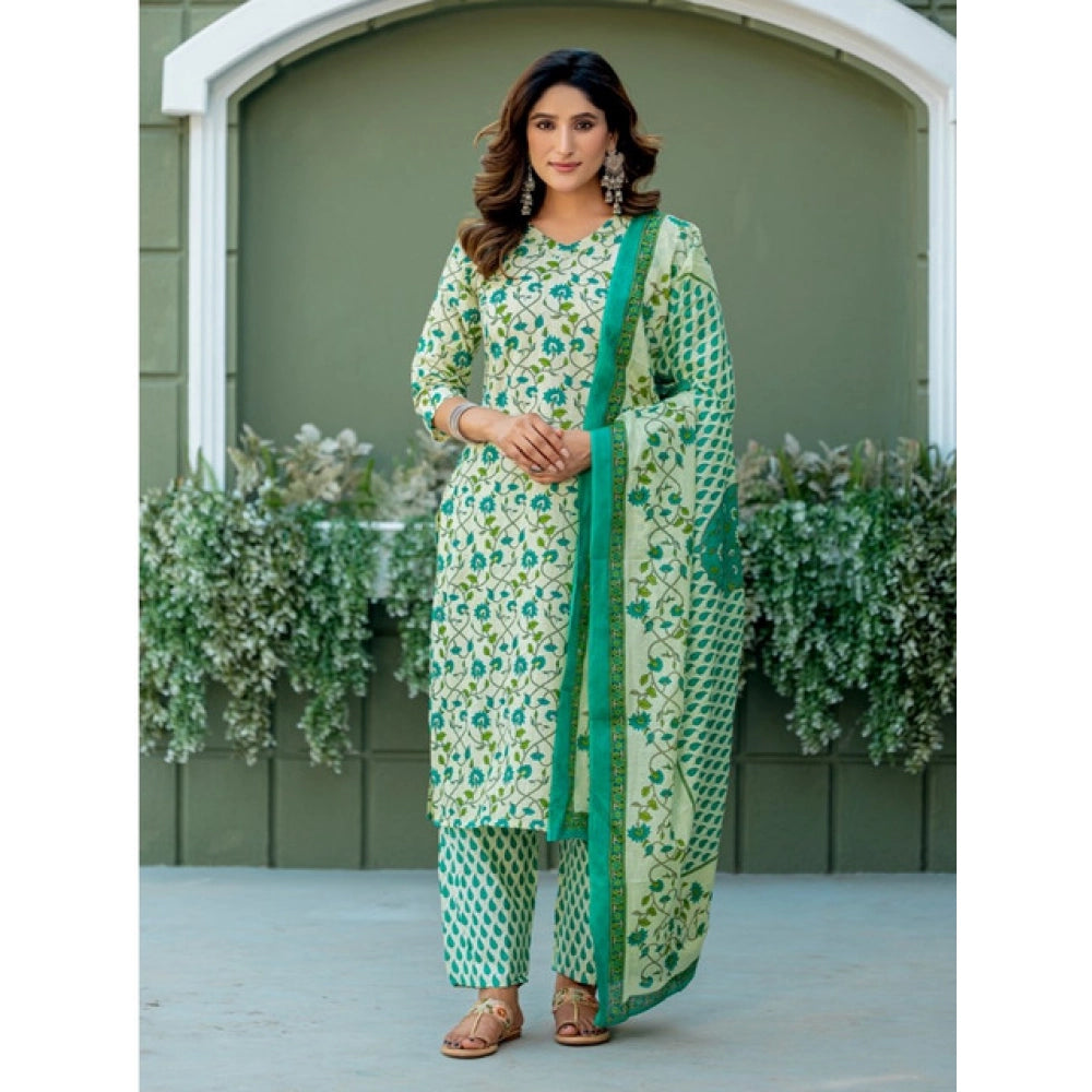 Women's Cotton Blend Printed Kurti With Pant Dupatta Set (Pista)