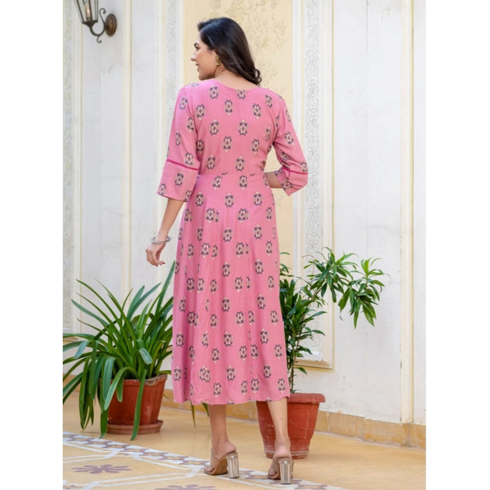 Women's Rayon  Print With Embroidery Work A-Line Kurti (Wine)