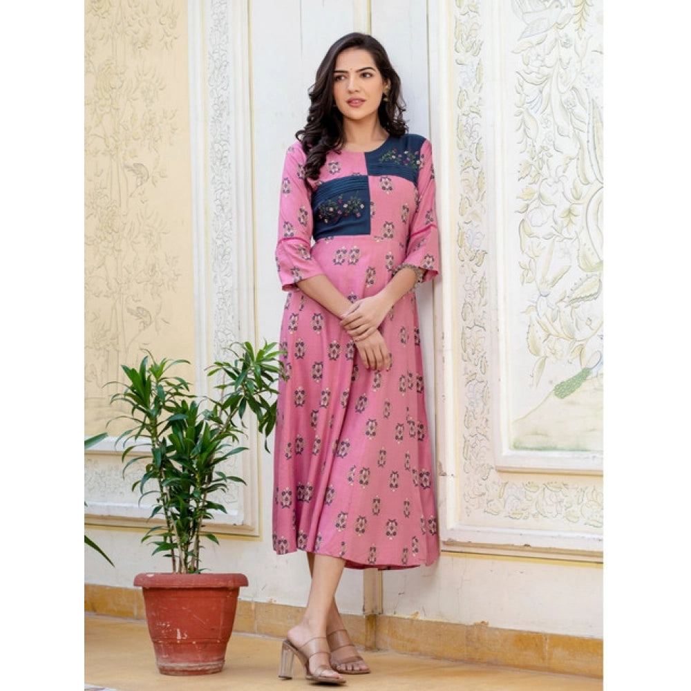Women's Rayon  Print With Embroidery Work A-Line Kurti (Wine)