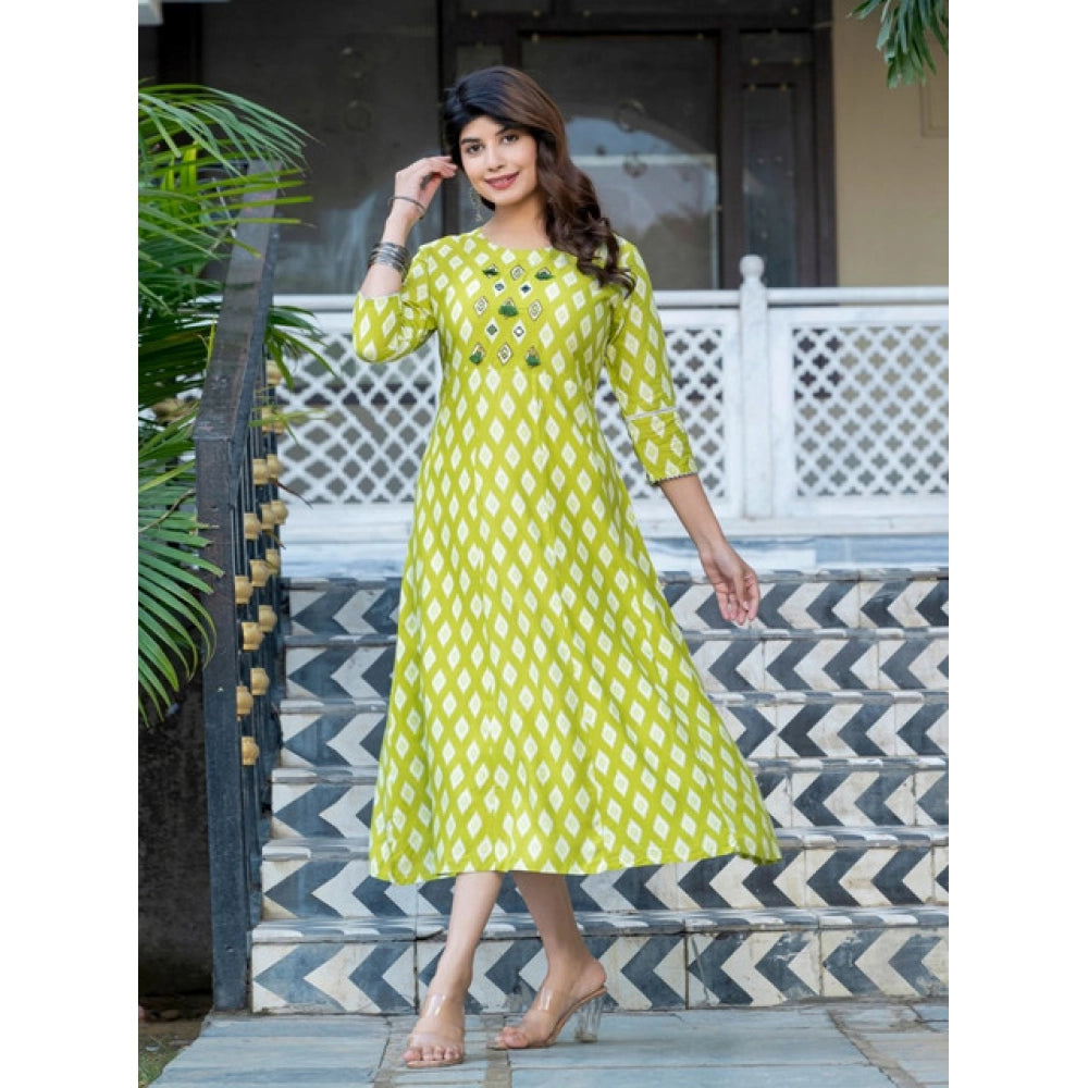 Women's Rayon Print With Embroidery Work A-Line Kurti (Parrot)