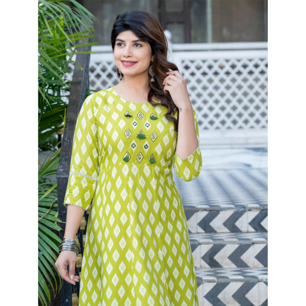 Women's Rayon Print With Embroidery Work A-Line Kurti (Parrot)