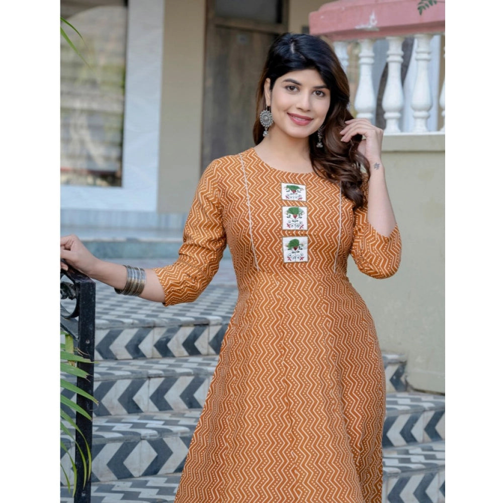 Women's Rayon Print With Embroidery Work A-Line Kurti (Rust)