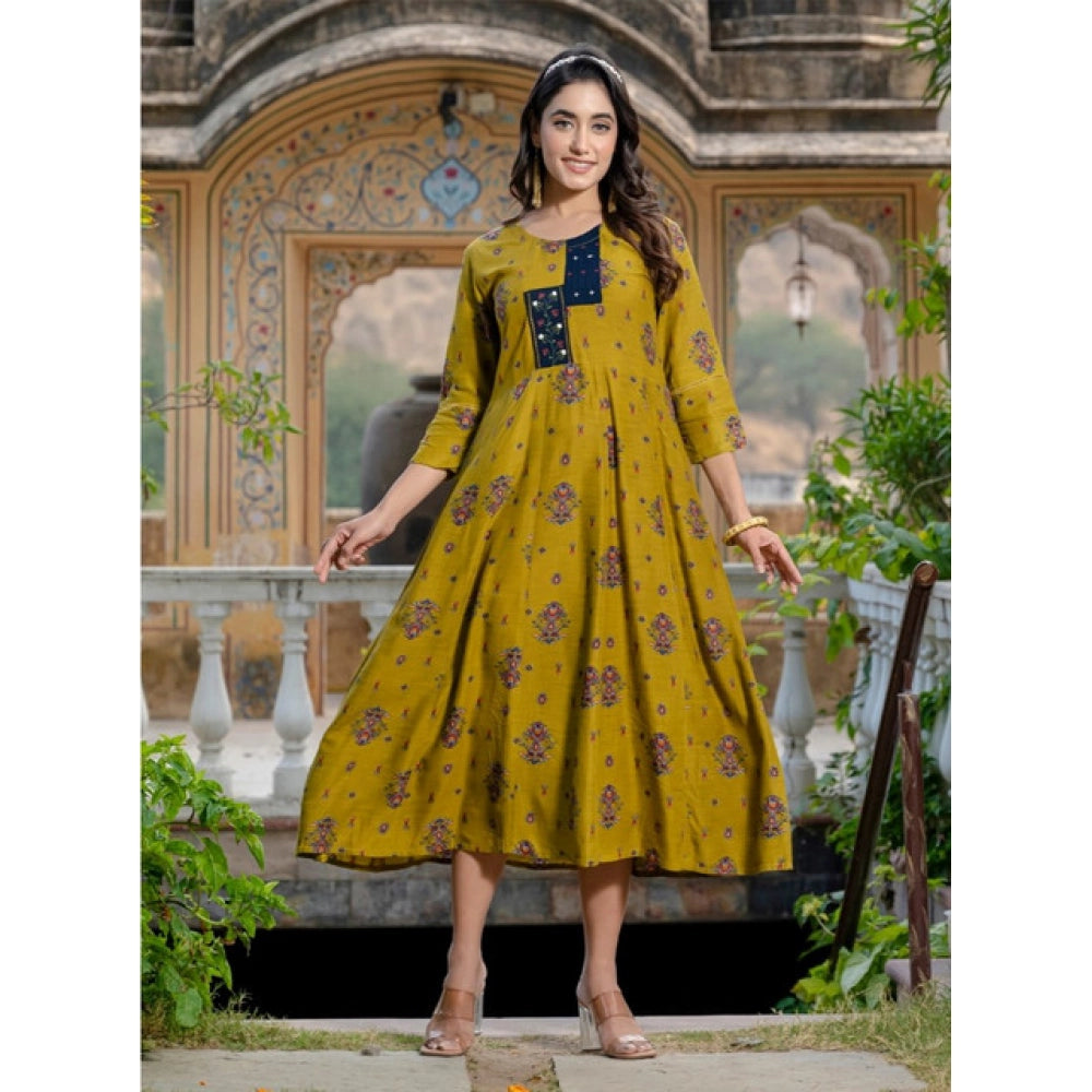 Women's Rayon Print With Embroidery Work A-Line Kurti (Mehendi)