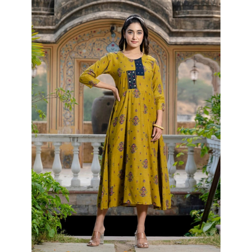Women's Rayon Print With Embroidery Work A-Line Kurti (Mehendi)