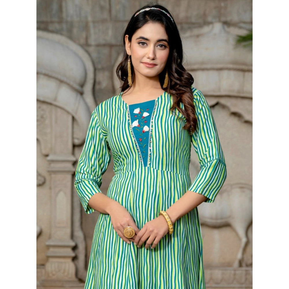 Women's Rayon Print With Embroidery Work A-Line Kurti (Rama)