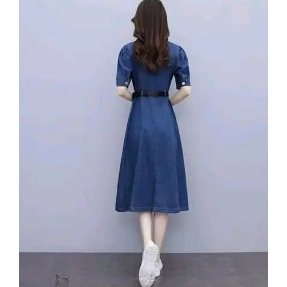 Women's Casual Denim Half Sleeves Dress (Blue)
