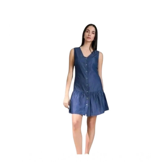 Women's Casual Denim Sleeveless Dress (Blue)