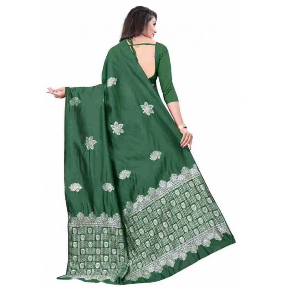 Women's Soft Lichi Silk Printed Saree With Unstitched Blouse 5.5Mtr (Green)