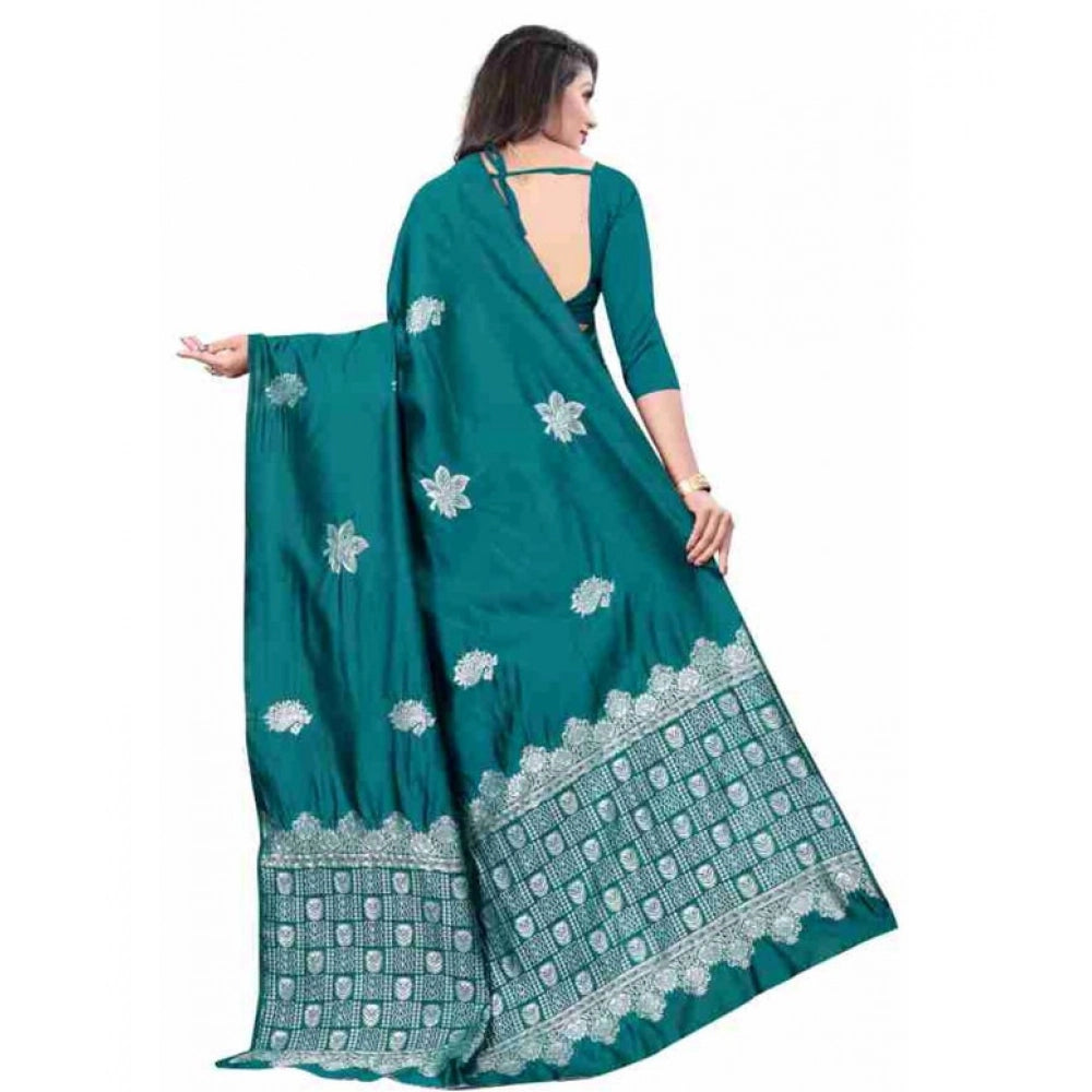 Women's Soft Lichi Silk Printed Saree With Unstitched Blouse 5.5Mtr (Rama)