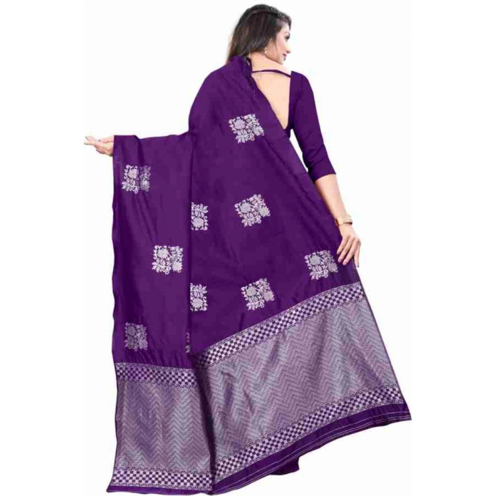 Women's Soft Lichi Silk Printed Saree With Unstitched Blouse 5.5Mtr (Purple)