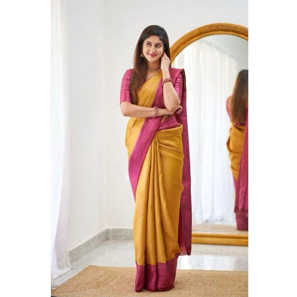 Women's Soft Lichi Silk Printed Saree With Unstitched Blouse 5.5Mtr (Mustard )