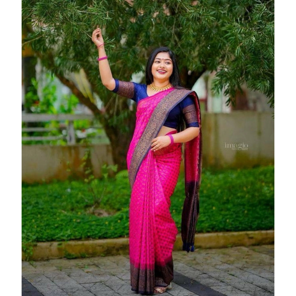 Women's Soft Lichi Silk Printed Saree With Unstitched Blouse 5.5Mtr (Pink)