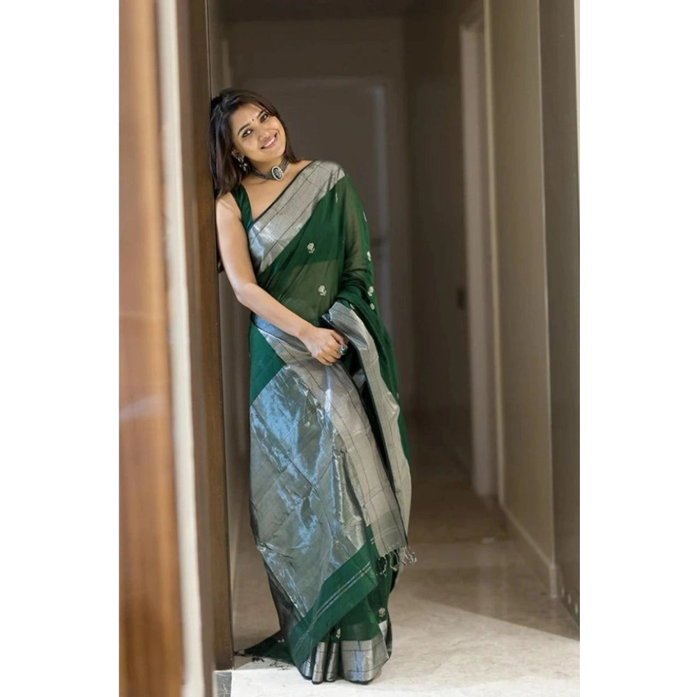 Women's Soft Lichi Silk Printed Saree With Unstitched Blouse 5.5Mtr (Green)