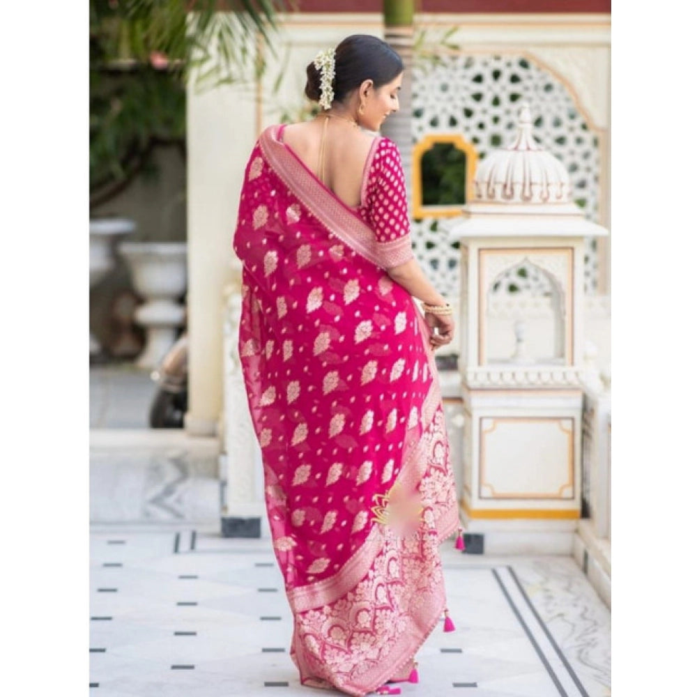 Women's Soft Lichi Silk Printed Saree With Unstitched Blouse 5.5Mtr (Pink)