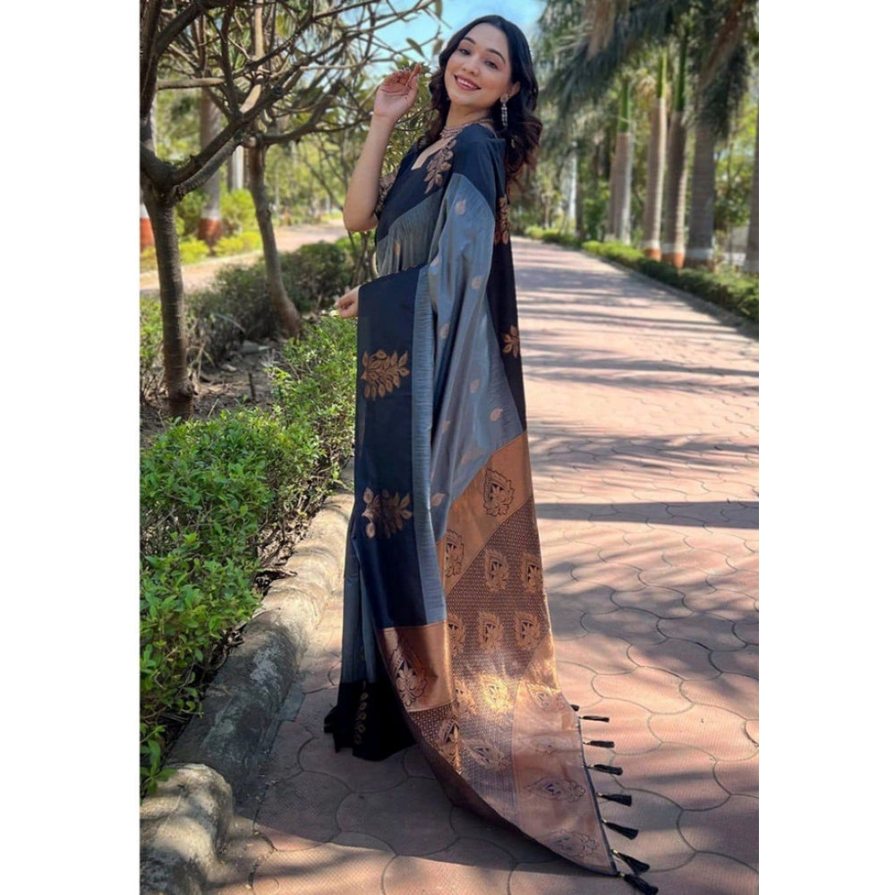 Women's Soft Lichi Silk Printed Saree With Unstitched Blouse 5.5Mtr (Grey)