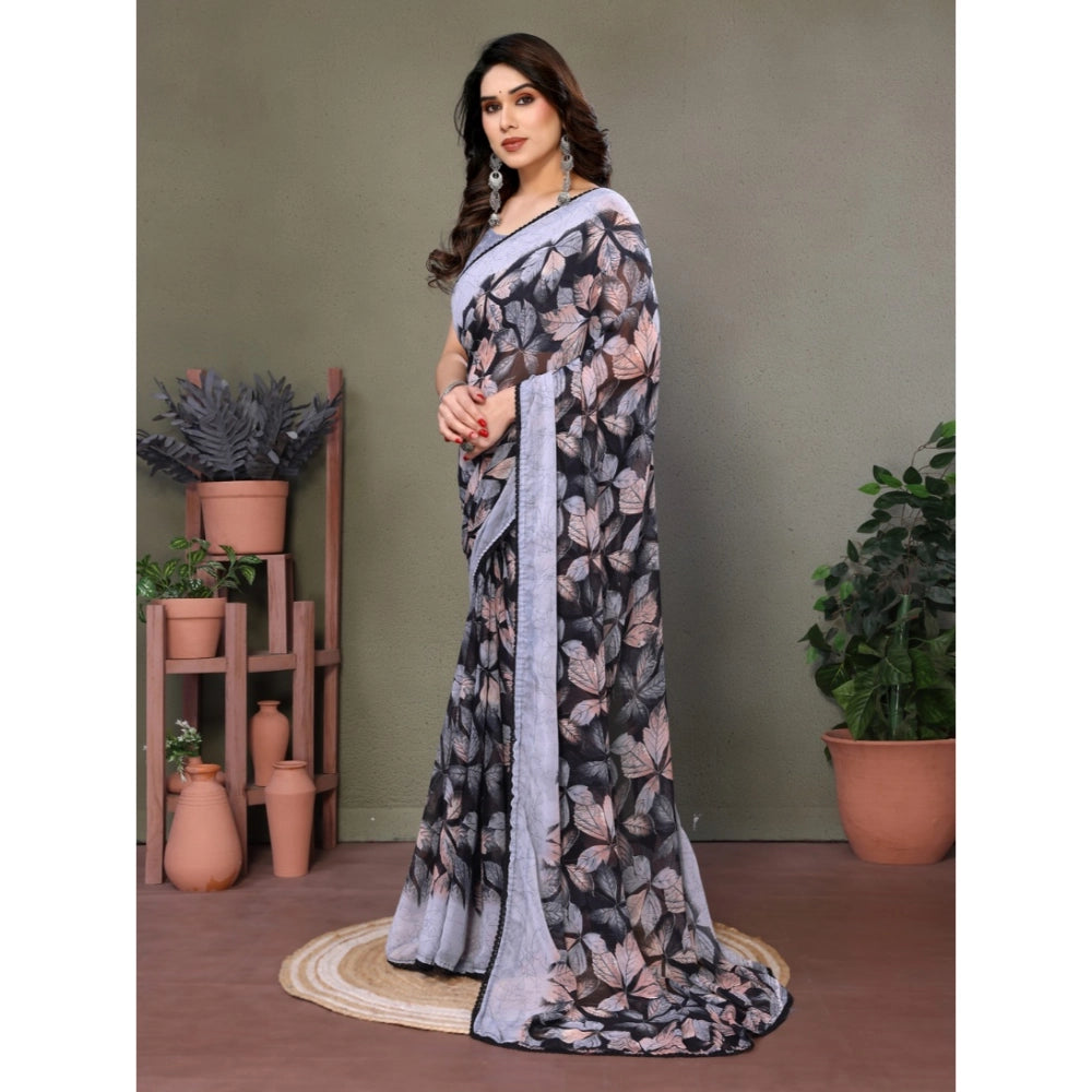 Women's Chiffon Printed Saree With Unstitched Blouse 5.5Mtr (Grey)