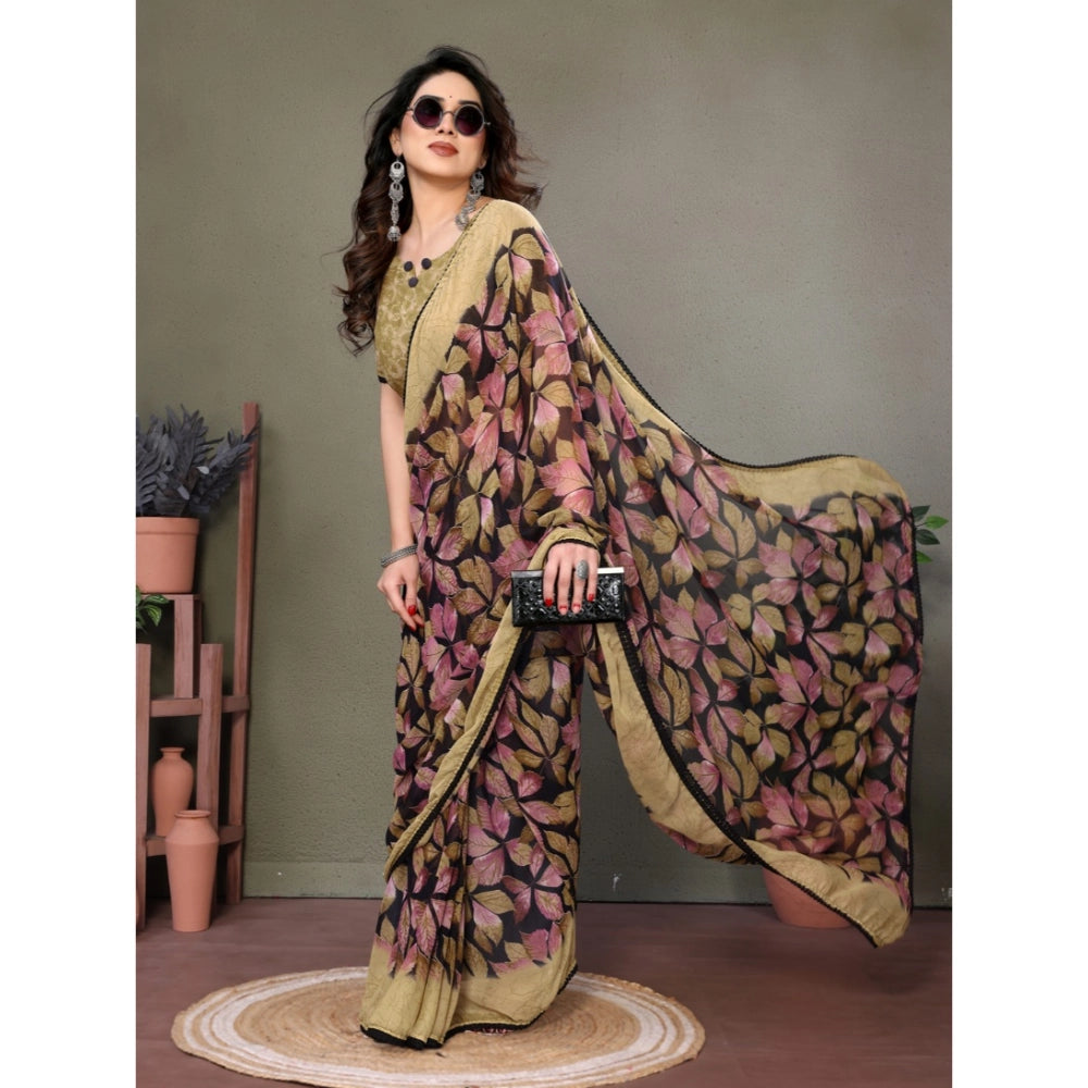 Women's Chiffon Printed Saree With Unstitched Blouse 5.5Mtr (Beige)