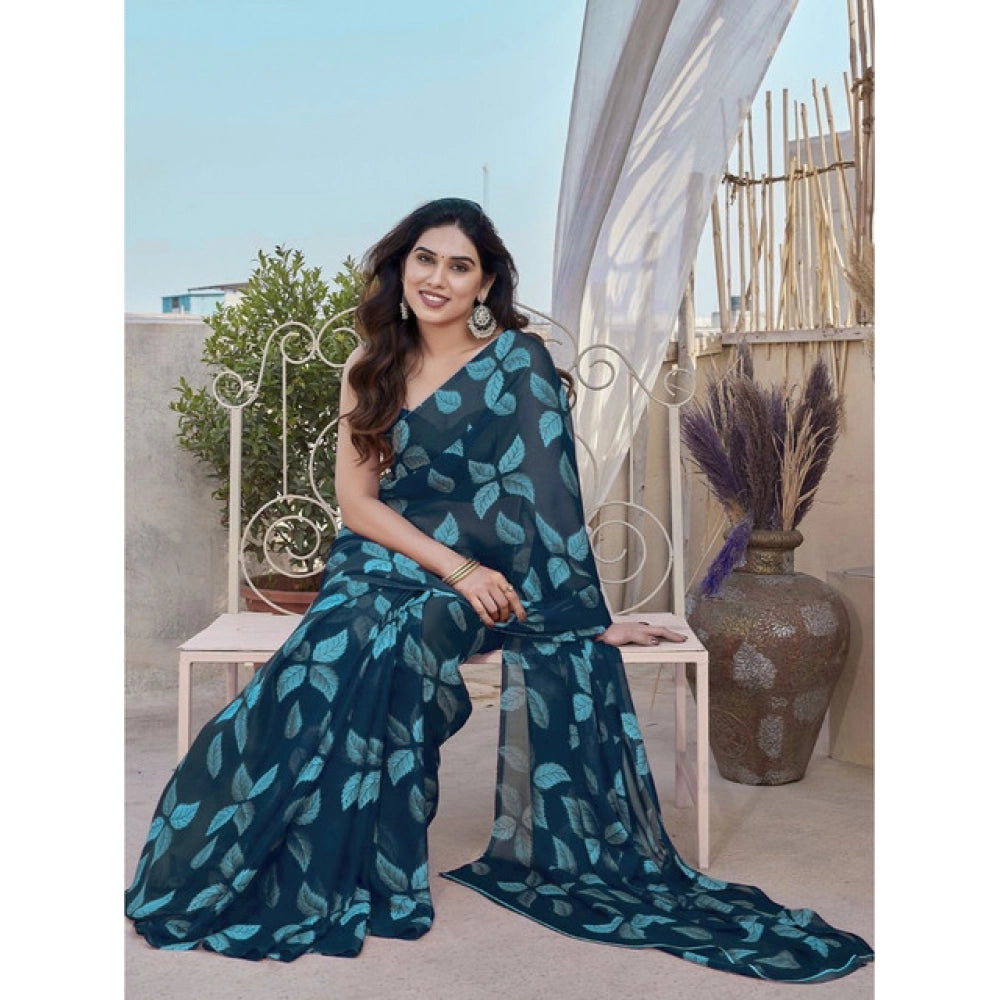 Women's Chiffon Printed Saree With Unstitched Blouse 5.5Mtr (Blue)
