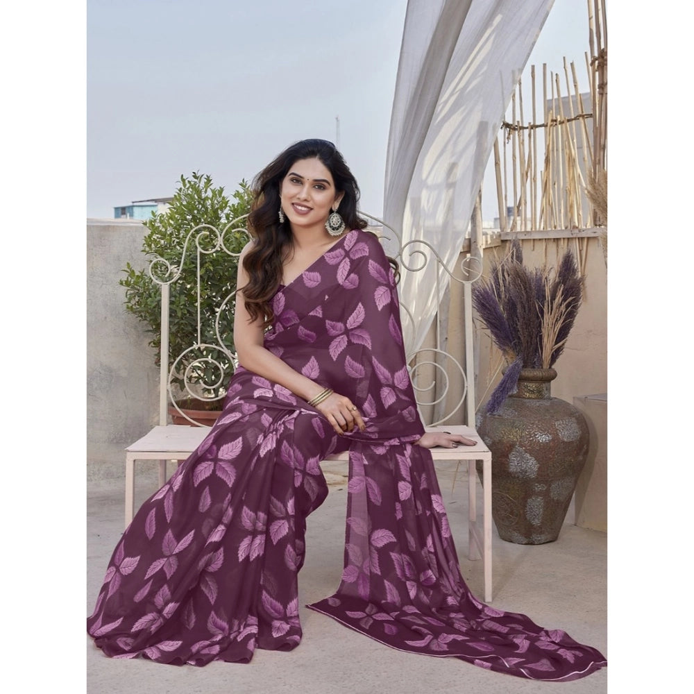Women's Chiffon Printed Saree With Unstitched Blouse 5.5Mtr (Purple)
