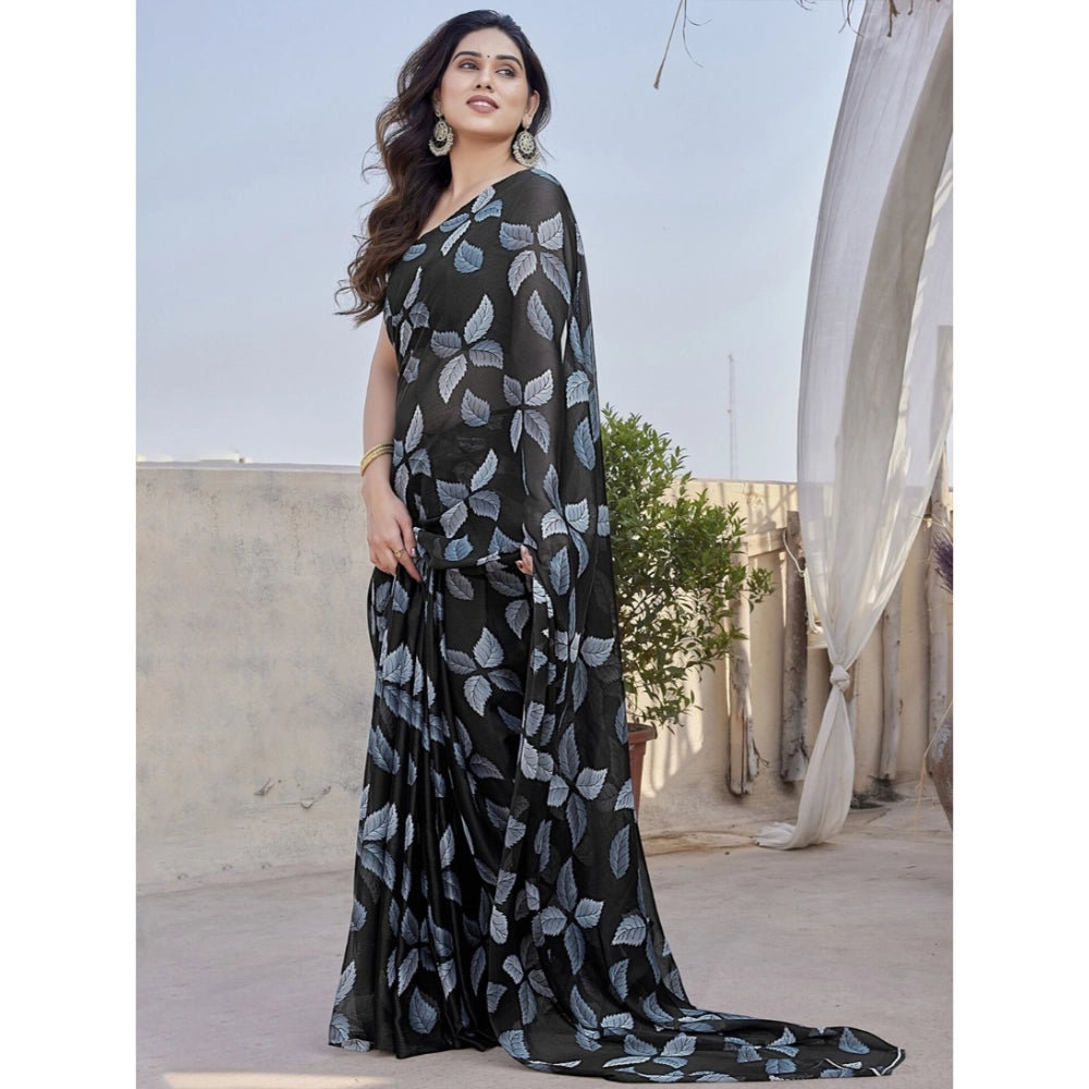 Women's Chiffon Printed Saree With Unstitched Blouse 5.5Mtr (Black)