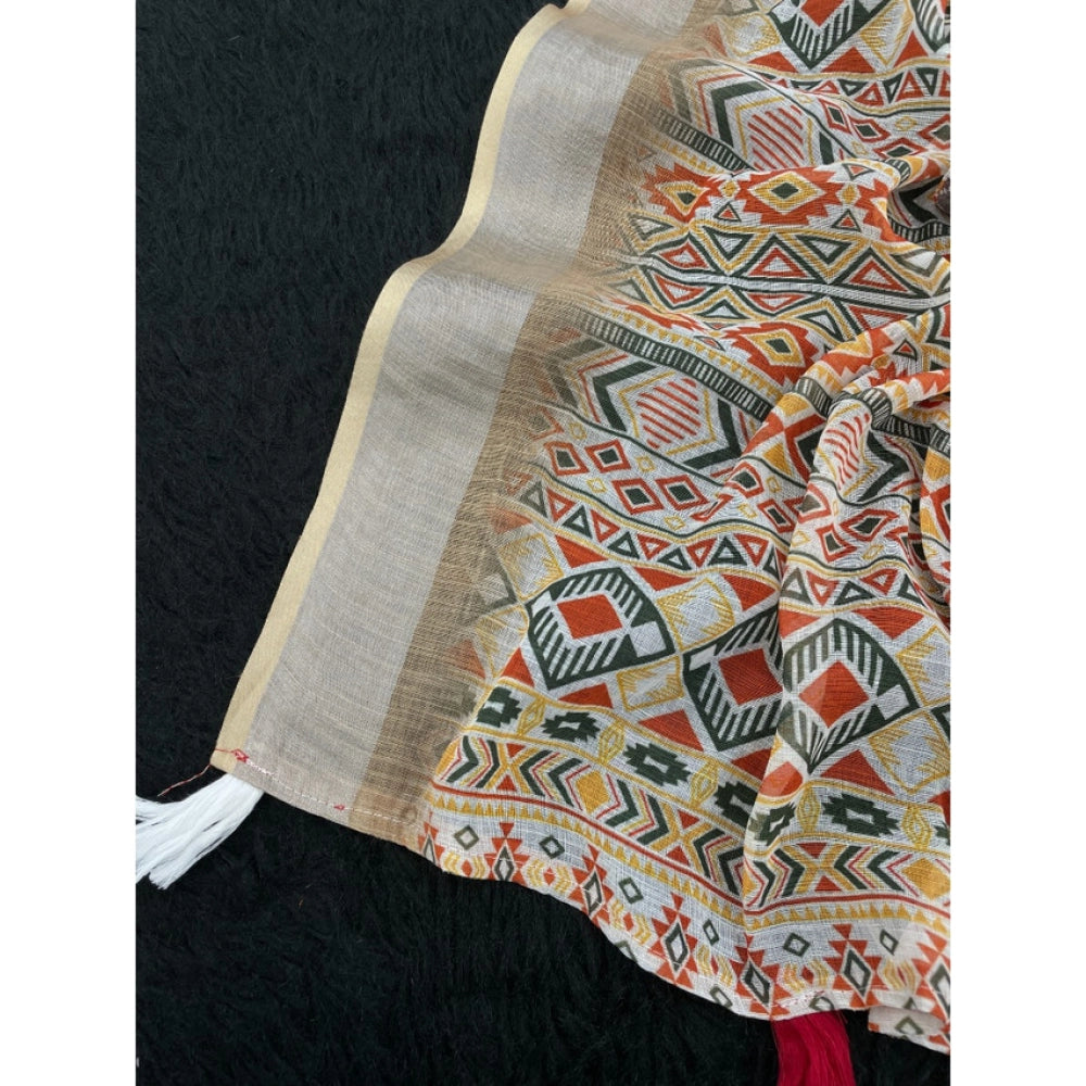 Women's Linen Cotton Printed Saree With Unstitched Blouse 5.5Mtr (Cream)