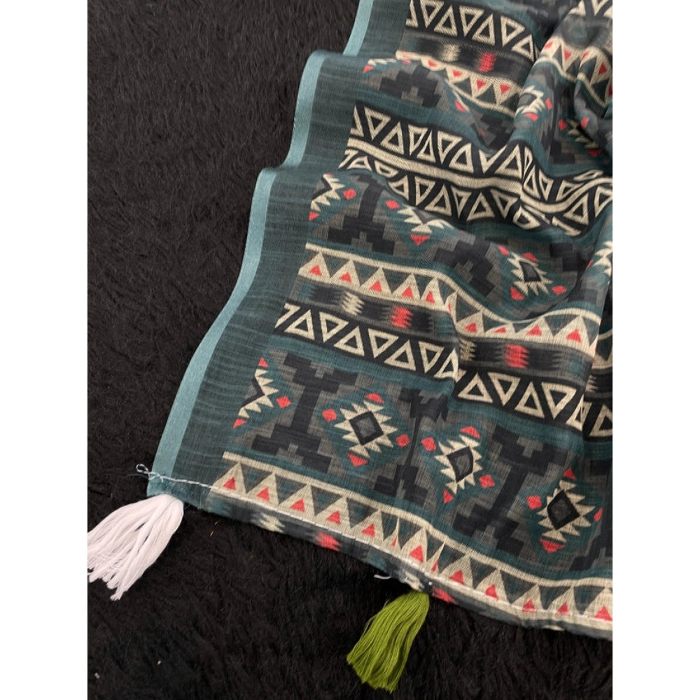 Women's Linen Cotton Printed Saree With Unstitched Blouse 5.5Mtr (Blue)