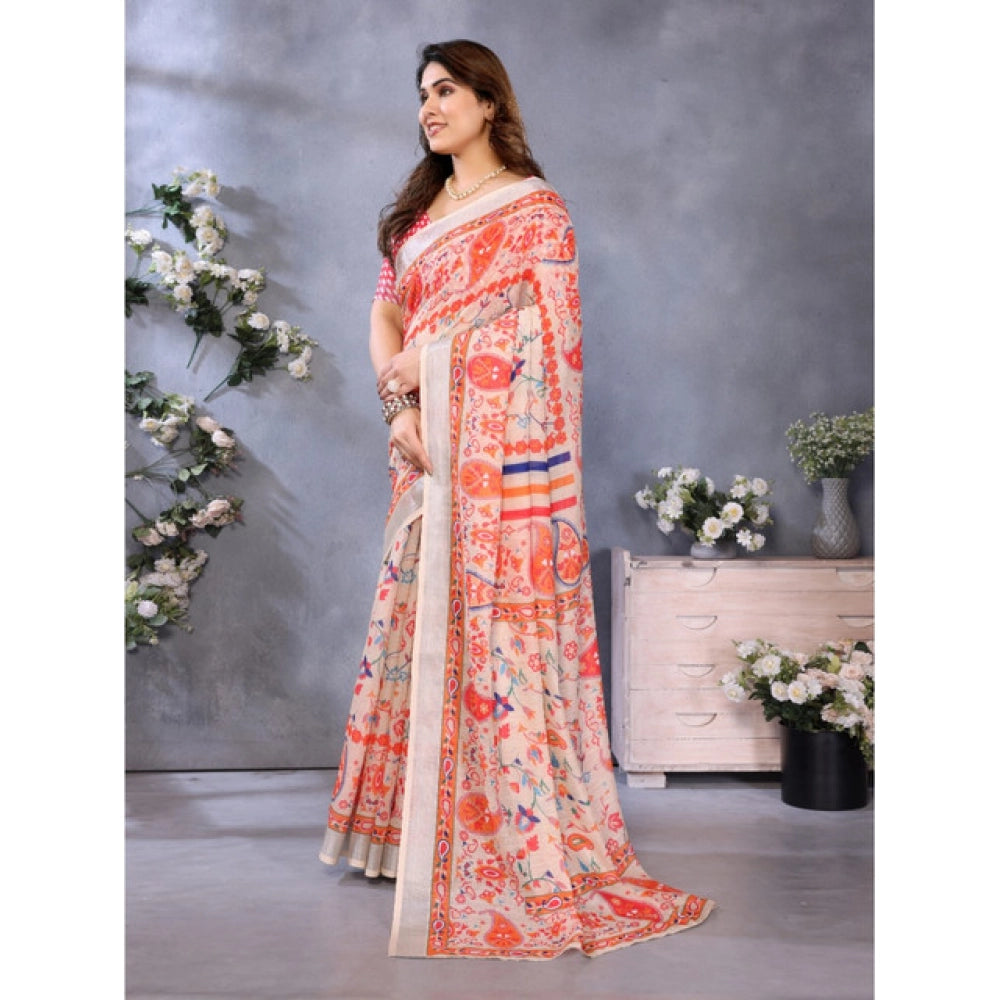 Women's Linen Cotton Printed Saree With Unstitched Blouse 5.5Mtr (Orange )