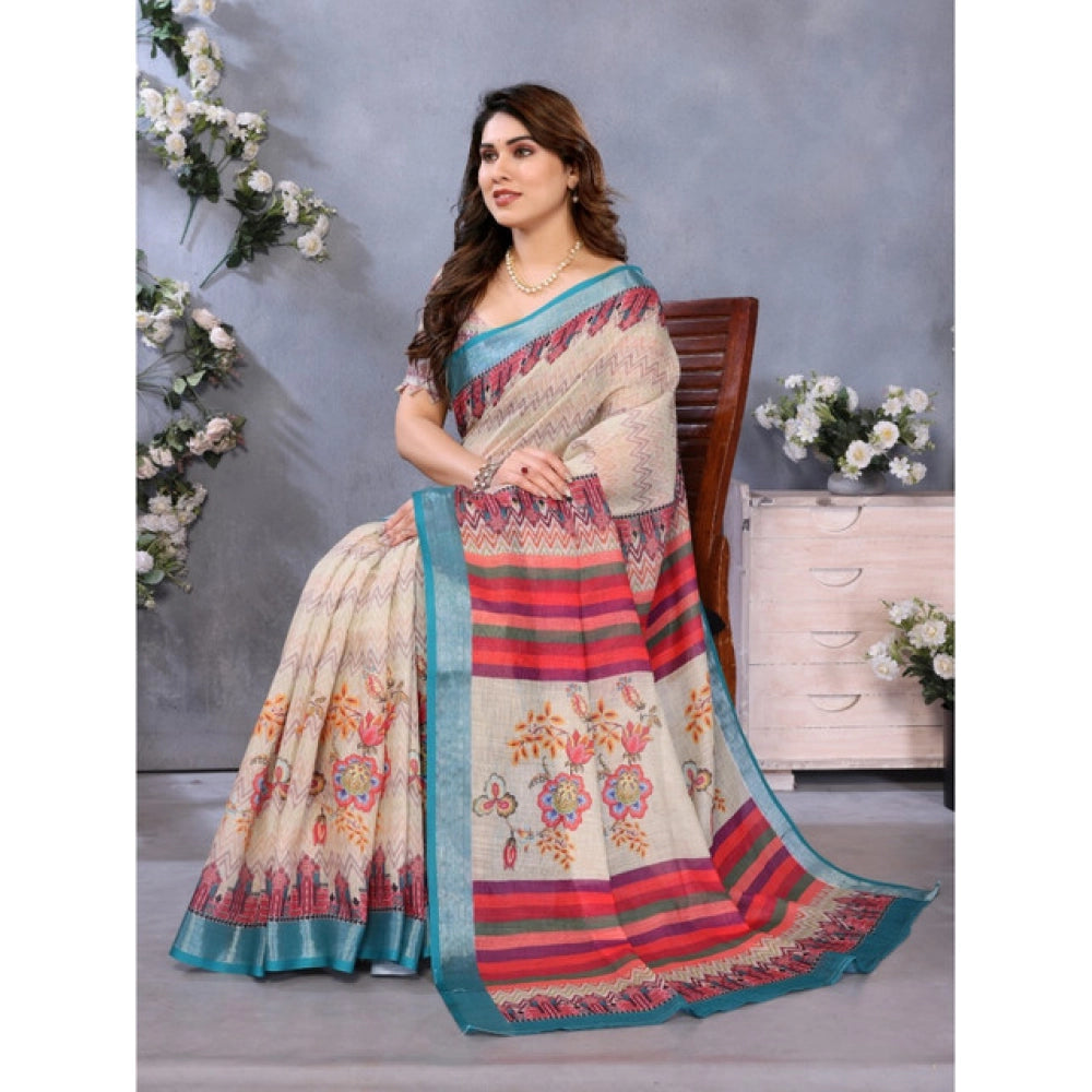 Women's Linen Cotton Printed Saree With Unstitched Blouse 5.5Mtr (Cream)