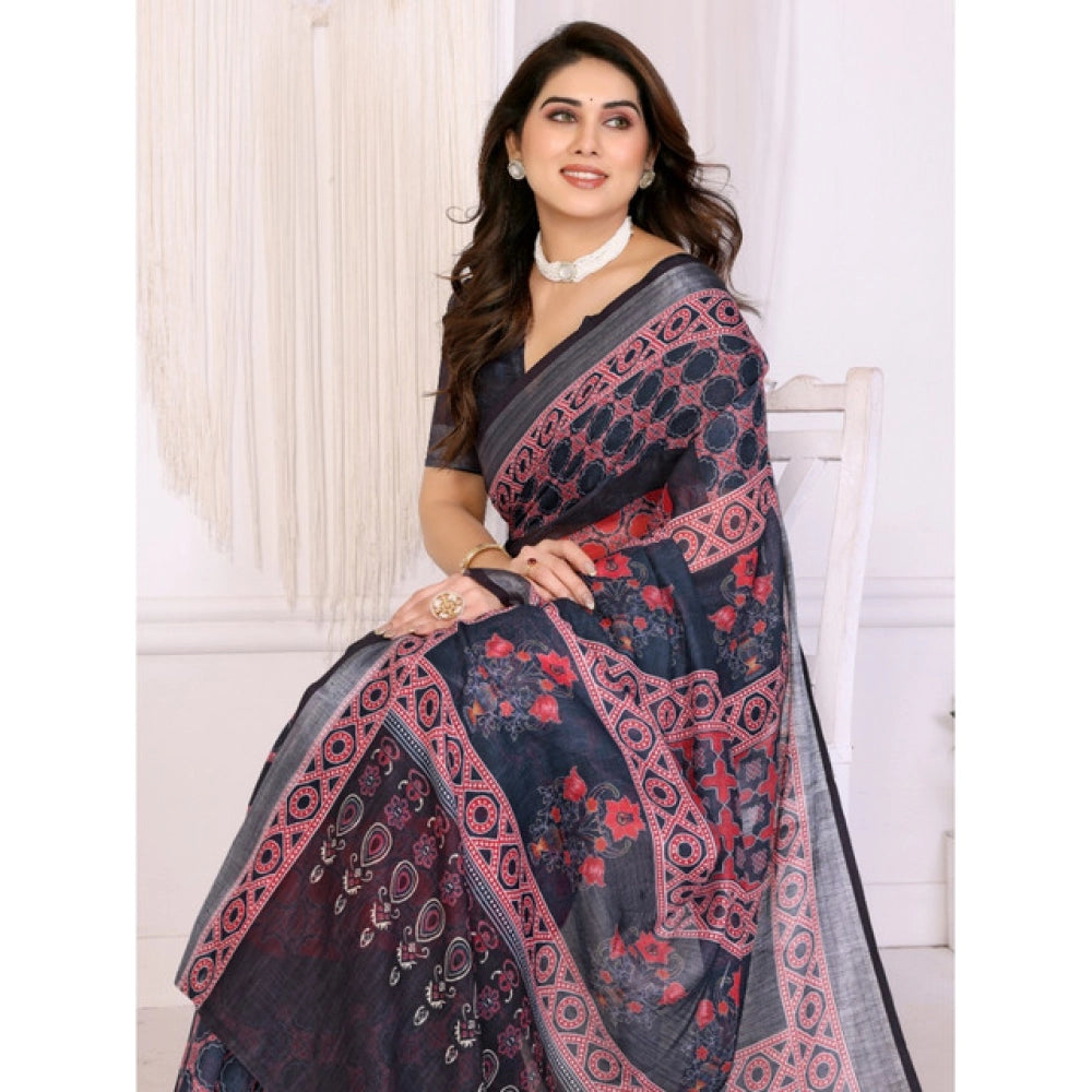 Women's Linen Cotton Printed Saree With Unstitched Blouse 5.5Mtr (Black)