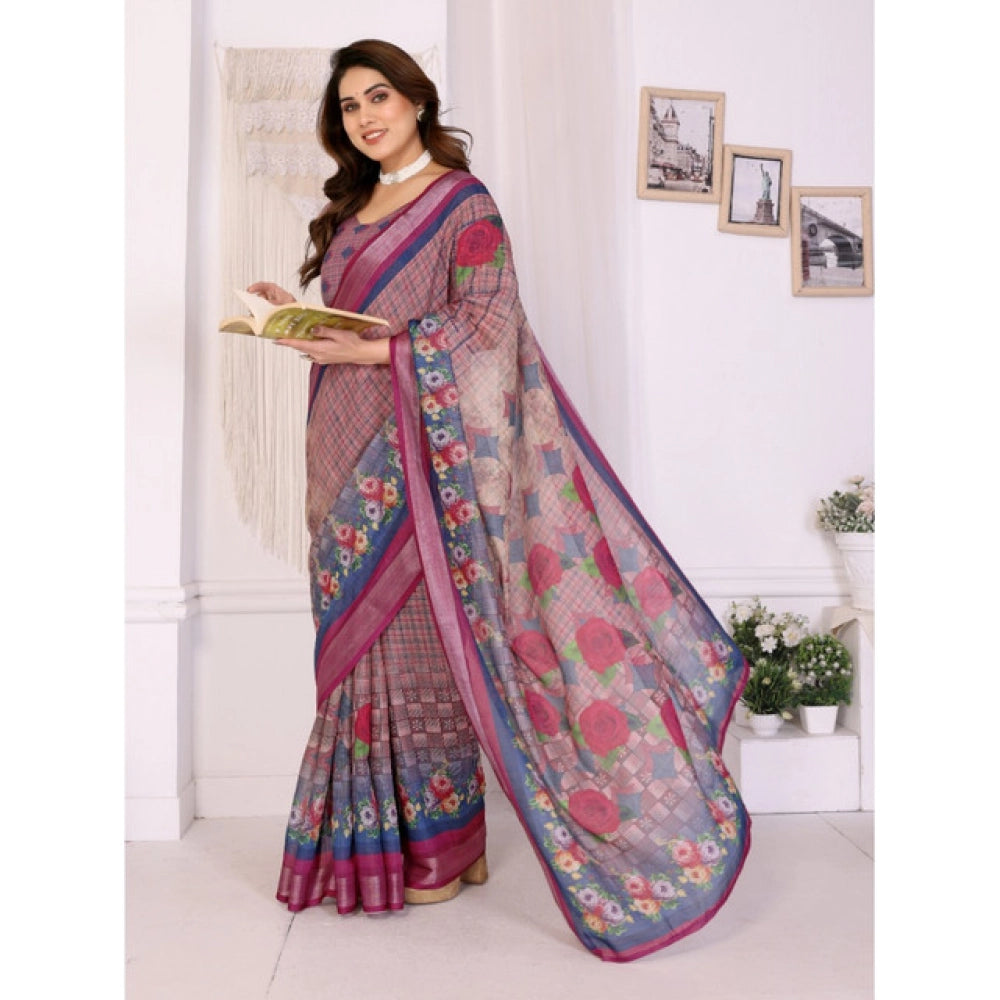 Women's Linen Cotton Printed Saree With Unstitched Blouse 5.5Mtr (Wine )