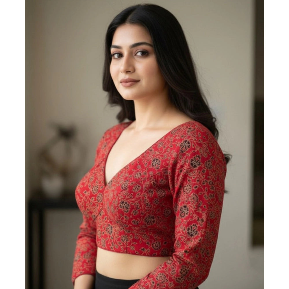 Women's Ajrakh Cotton Printed V-Neck Padded Blouse (Red 38 Ready (Self Alterable 36–40)