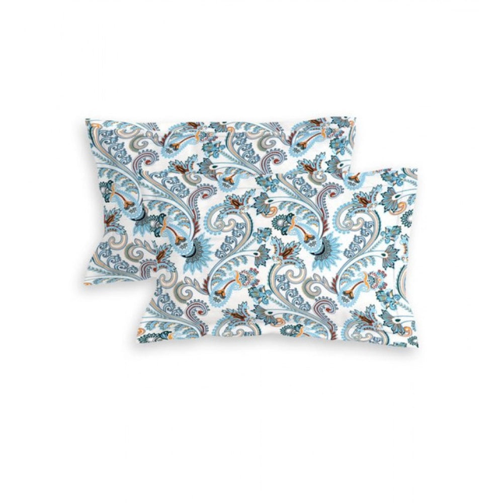 Cotton Blend Floral Printed Double Bedsheet with 2 Pillow Covers (White)