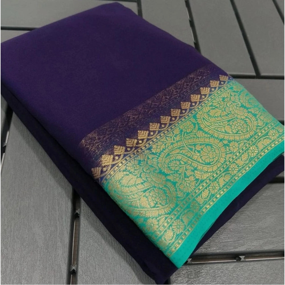 Women's Crepe Chit Pallu Solid Saree With Unstitched Blouse 5.5Mtr (Blue)