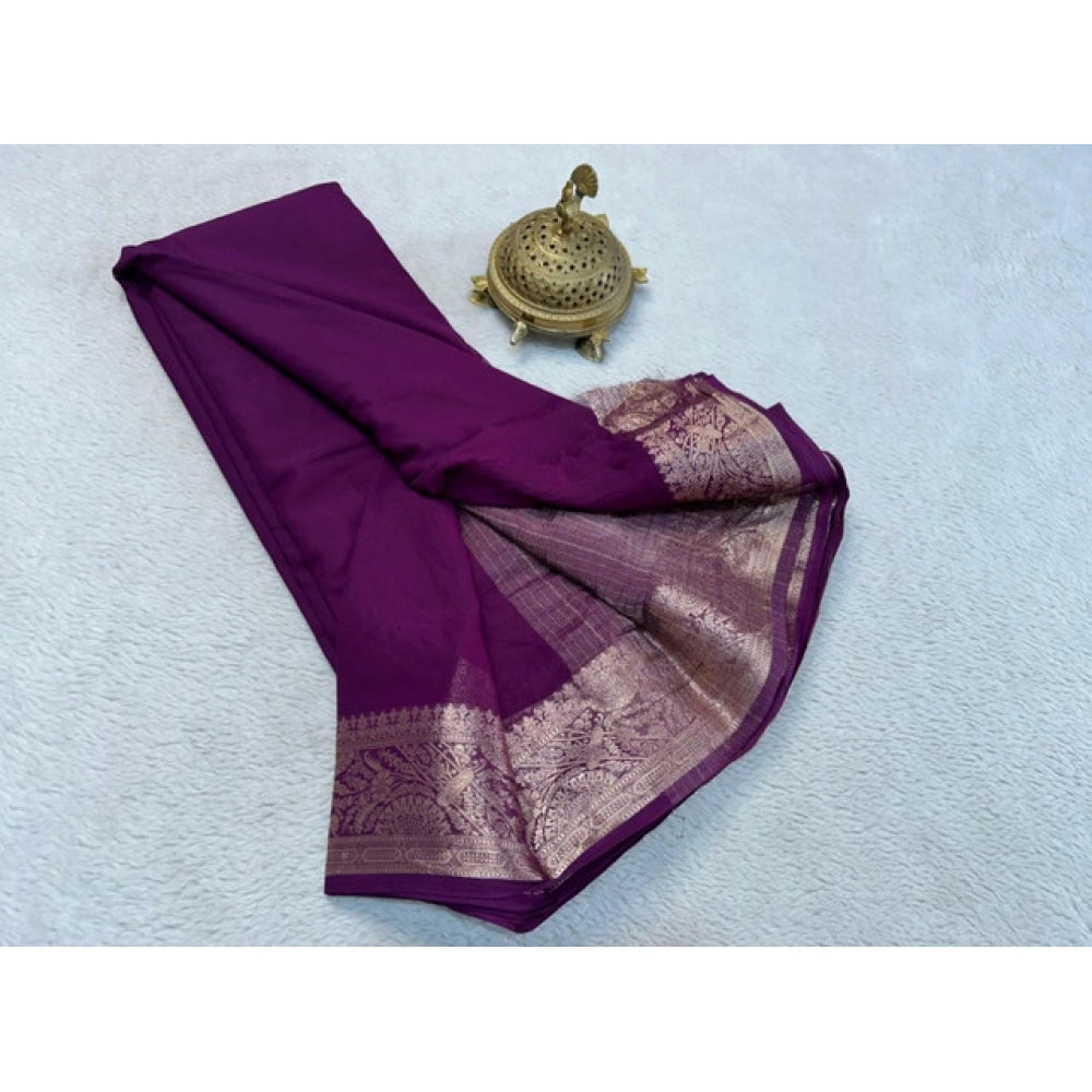 Women's Crepe Chit Pallu Solid Saree With Unstitched Blouse 5.5Mtr (Purple)