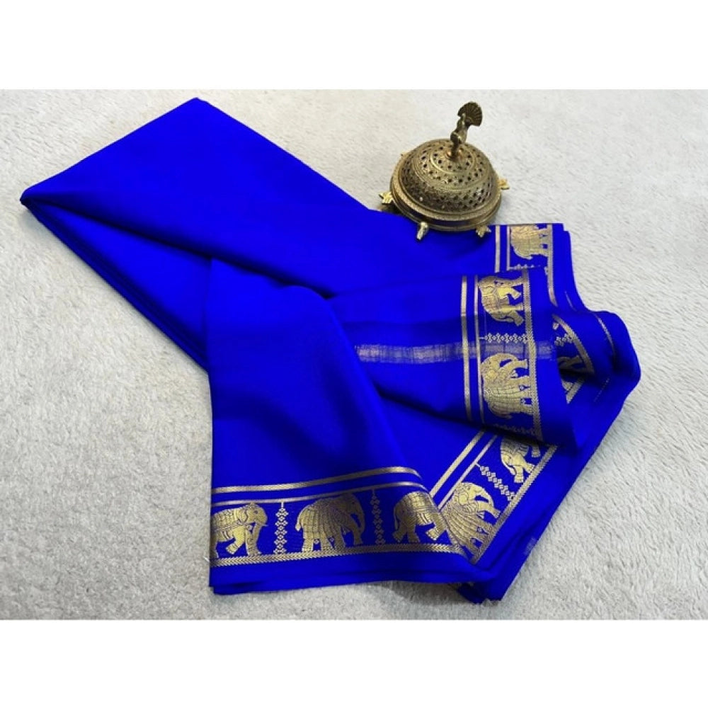 Women's Crepe Chit Pallu Solid Saree With Unstitched Blouse 5.5Mtr (Navy Blue)