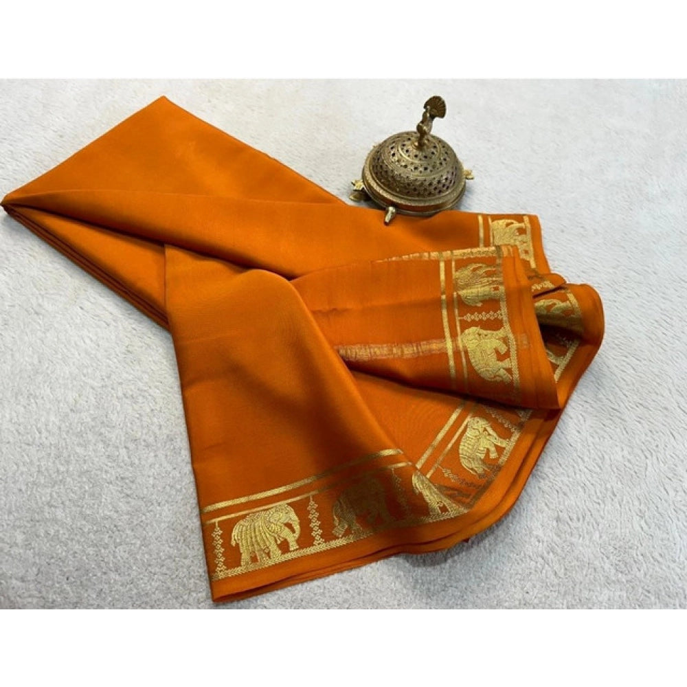 Women's Crepe Chit Pallu Solid Saree With Unstitched Blouse 5.5Mtr (Orange)