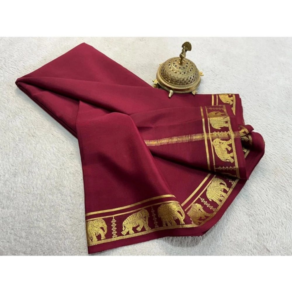 Women's Crepe Chit Pallu Solid Saree With Unstitched Blouse 5.5Mtr (Maroon)