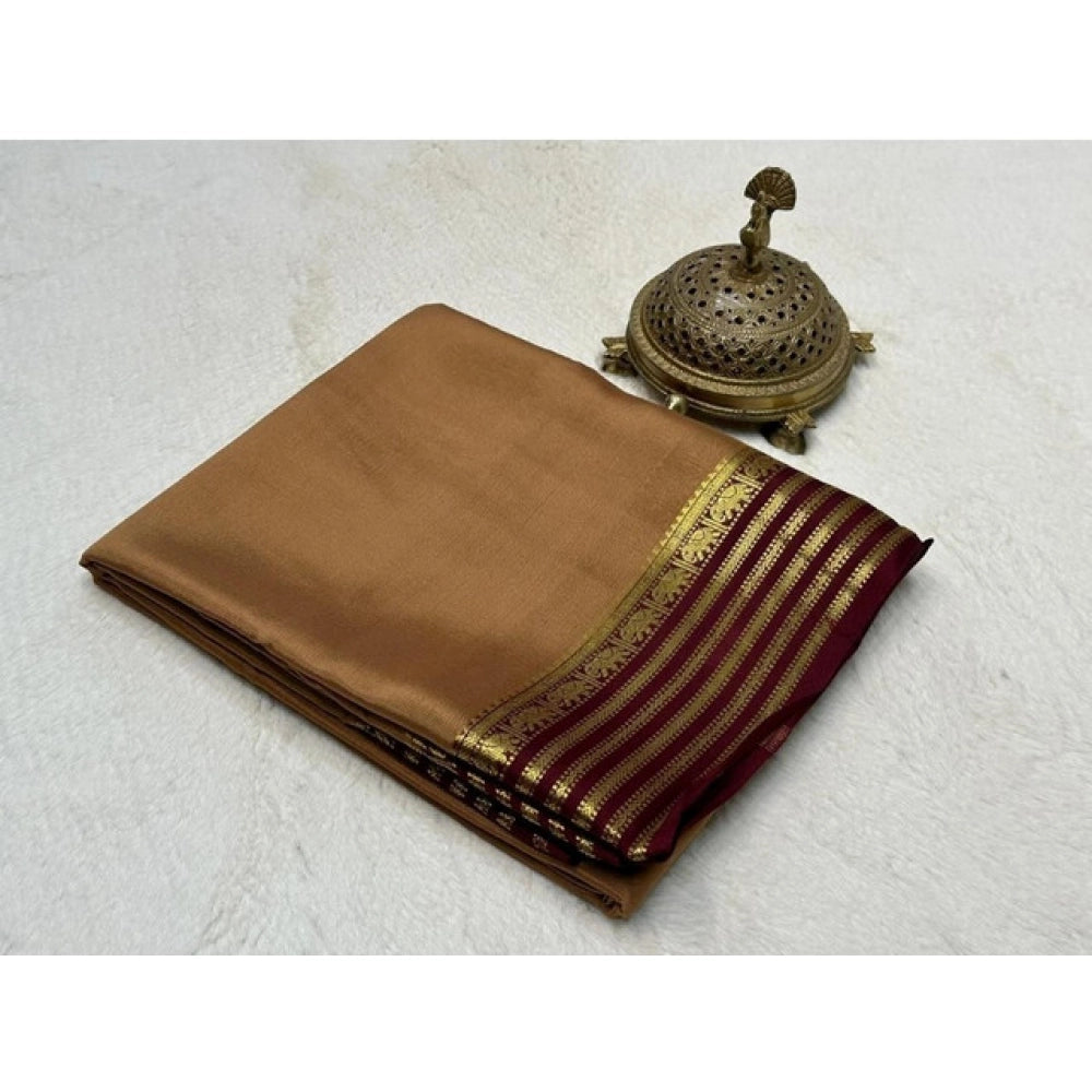 Women's Crepe Chit Pallu Solid Saree With Unstitched Blouse 5.5Mtr (Beige)