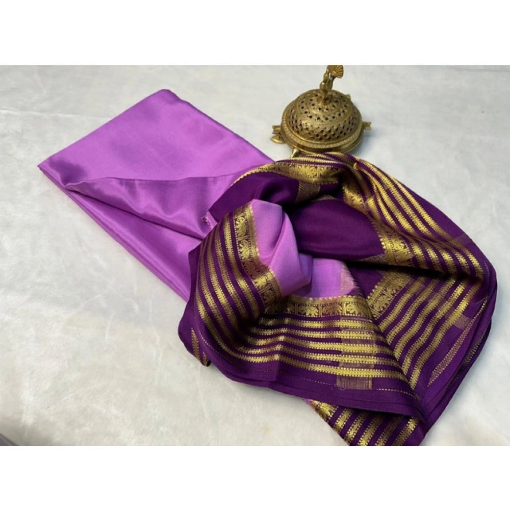 Women's Crepe Chit Pallu Solid Saree With Unstitched Blouse 5.5Mtr (Dark Purple)